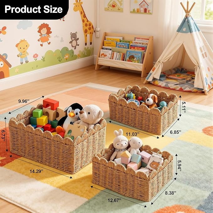 Luckybell 3 Pcs Wicker Baskets for Organizing,Scalloped Baskets, Hand-woven Wicker Storage Cubes, Paper Rope Shelf Baskets for Organizing and Decoration,Brown Basket