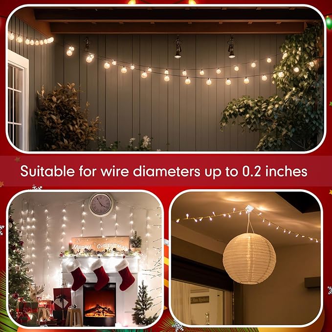 200 Pcs Outdoor Light Clips Adhesive Cable Clips for Christmas Outdoor String Lights with Adhesive Strips Patio Decor for Wall Wire Holder for Hanging Cable Management Cord Organizer (White)