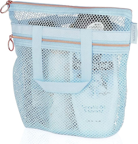 DV Lifestyle Mesh Shower Bag 10.2x9.9'' Quick-Dry Caddy with Zipper & 2 Pockets. Portable Toiletry Tote for Bathroom, Gym, Travel, Camp, Beach, for Sunscreen, Dorm & College Essentials (Blue)
