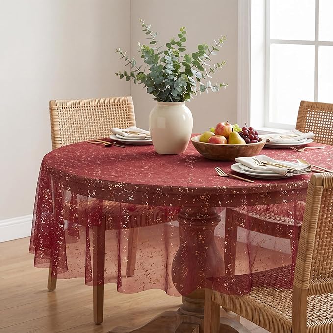 Horaldaily Burgundy Gold Gauze Tablecloth 60x60 Inch Round, Golden Sequin Glitter Metallic Foil, Sheer Tulle Cheesecloth for Wedding Baby Shower Ceremony Birthday