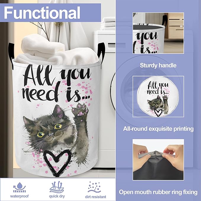 Cute Cat Laundry Basket, All You Need is an Oxford Cloth Laundry Hamper With Handle, Foldable Portable Clothes Storage Basket Storage Bag For Laundry Room/Bathroom/Bedroom/Dormitories