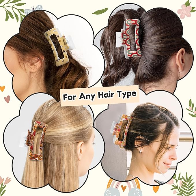 PANTIDE 8Pcs Boho Floral Hair Claw Clip for Women Girls - Retro Vintage Flower Rainbow Rectangle Nonslip Banana Hair Clip, Thin Thick Short Long Curly Accessories, Birthday Party School Classroom Gift