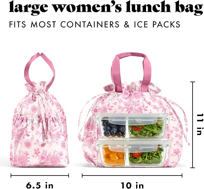 Fit & Fresh Cromwell Drawstring Lunch Bag for Women, Complete Lunch Set with 2 Containers, Stain-Resistant, Leak-Resistant, Back to School Essential, Teacher Lunchbox, Pink Floral Toile
