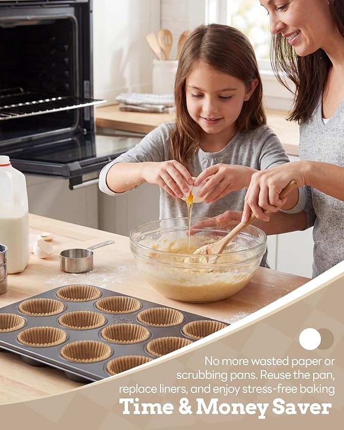 Bake Choice 2 Pack Muffin Pan for Baking, Standard Cupcake Pan includes 100 Natural Cupcake Liners, Muffin Tin Nonstick 12 Cup, Baking Pans Set, Carbon Steel Baking Supplies