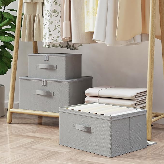 Storage Bins with Zipper, Cube Organizer Basket with Lid, Collapsible Stackable Closet Boxes, for Home and Bedroom, 4 Pack, Grey, 15.7 x 11.8 x 7.9 In, XSNY16GL-4