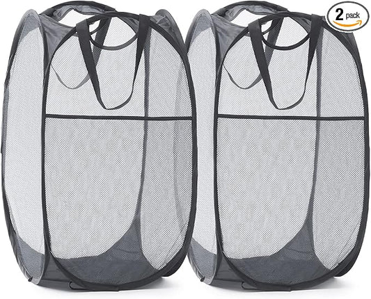 TECHMILLY Collapsible Mesh Pop Up Laundry Hamper with Sturdy Handles and Side Pocket - Portable Foldable Clothes Baskets for Dorm, Bathroom & Travel Storage (Grey, 2 Packs)
