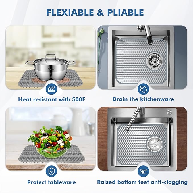 2 Pack Silicone Kitchen Sink Protector Mat with Rear Drain - 13.58''x 11.6'' Kitchen Sink Accessory, Folding Non-Slip Heat Resistant Mat Grid for Bottom of Porcelain Stainless Steel