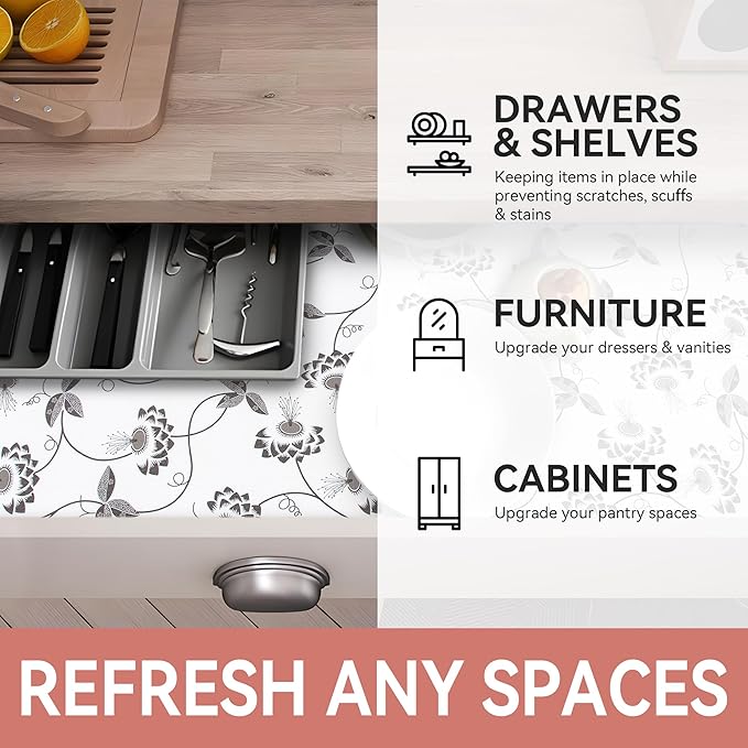 RAY STAR Shelf Liner, Non Adhesive Black Leaves Floral Cabinet Liner for Pantry Drawer, Non Slip, Shelf Liners for Kitchen Cabinets Cupboard 12 Inch x 10 FT (6 Rolls) Signature Delivery