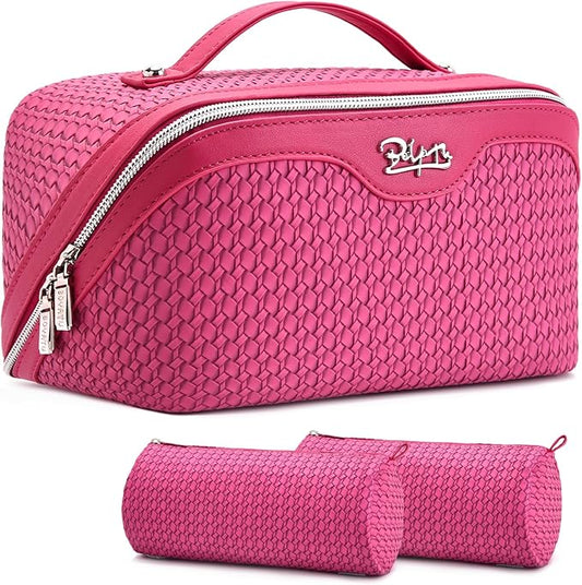 BOYATU Travel Makeup Bags for Women: Large Capacity Make up Bag with Wide Opening - 3 Pcs Set Waterproof Travel Toiletry Organizer for Full-Sized Bottles, Cosmetics & Brushes (Plum-W)