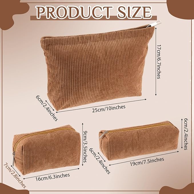 3 Pcs Makeup Bag Set for Women Corduroy Cosmetic Pouch Aesthetic Smile Travel Toiletry Bag Cute Purse Pouch Pencil Case Makeup Brushes Storage Organizer for Christmas(Brown,Solid Style)