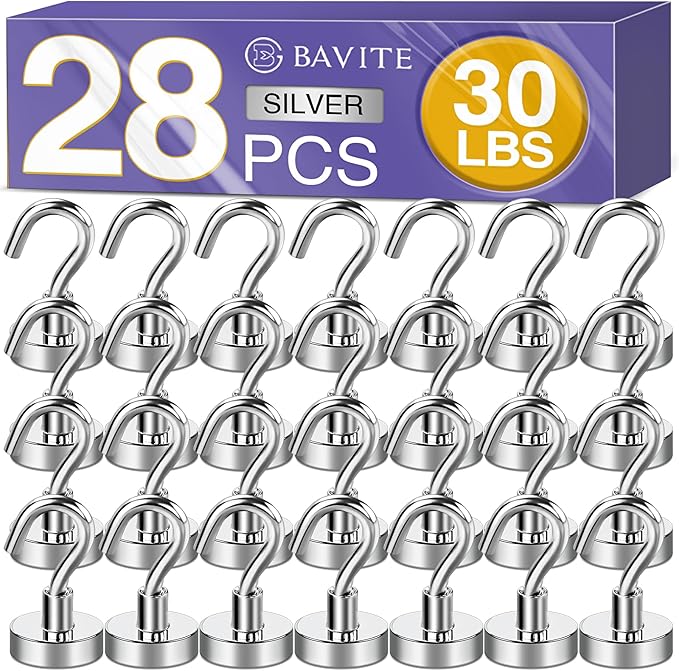 E BAVITE Magnetic Hooks, 30Lbs Magnet Cruise Hook Neodymium Magnets for Refrigerator, Grill, Towel, Indoor Hanging, Home, Kitchen, Workplace, Office and Garage - 28 Pack, Silver