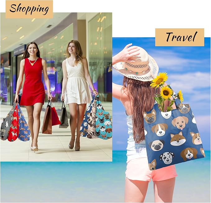 BeeGreen Cute Dog Cloth Gift Bags - Reusable Grocery Bag with Handles Foldable Washable 6 Pack - Extra Large Heavy Duty Tote Bag for Groceries (Bulk Holiday Packable Travel) - Shopping Bags for Women