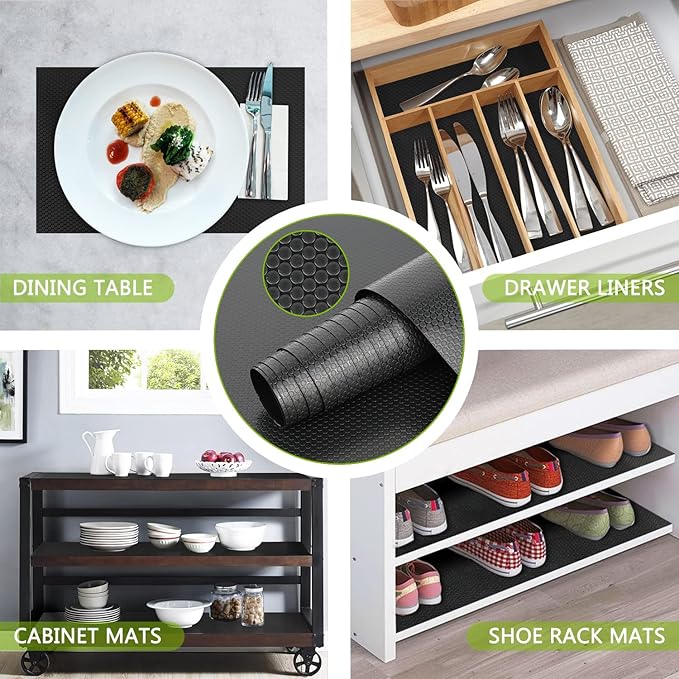 HooTown Shelf Liner Kitchen Cabinet Drawer Mats 11.8 Inch Wide x 32.8 Feet Long, Non Adhesive EVA Rubber Washable Waterproof Pantry Closet, Cupboard, Drawer Organizer Mat, Black