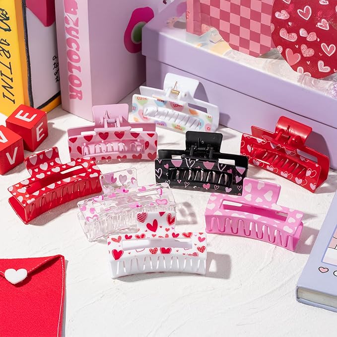 PANTIDE 8Pcs Valentine's Day Hair Claw Clips for Women Girls - Conversation Heart Candy Rectangle Nonslip Banana Acrylic Hair Clips, Thin Thick Short Long Curly Accessories, Valentines Birthday Gift