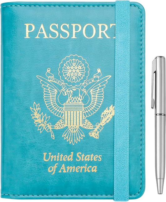 WALNEW Passport Holder for Travel, RFID Passport Cover Wallet for Women Men, PU Leather Passport Book Card Holder Case with Pen, Travelling Essentials for Flying