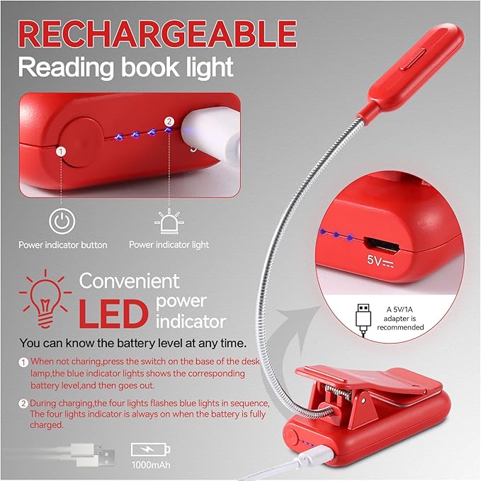 VAVOFO Rechargeable Book Light for Reading in Bed Kids, 7 LED Reading Light with 9-Level Warm Cool White Daylight, Eye Care Lamp with Power Indicator for Bookworms (Red)