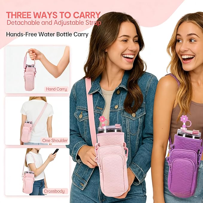 &And Per Se Water Bottle Shoulder Bag for Women, Neoprene Carrier with Phone Pocket & Pink Charm, Adjustable Crossbody Strap Fits Stanley 40oz Tumblers, Gift for Her (Pink)
