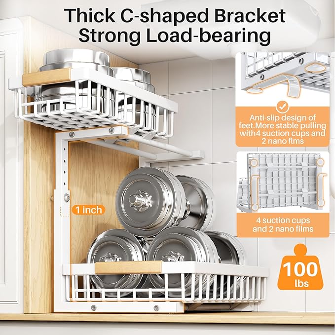PXRACK Under Sink Organizer, Adjustable Height, 2-Pack 2 Tier Pull Out Under Cabinet Organizer, Slide Out Thickened Metal Under Sink Storage for Kitchen Bathroom Laundry Pantry Cabinet, S, White