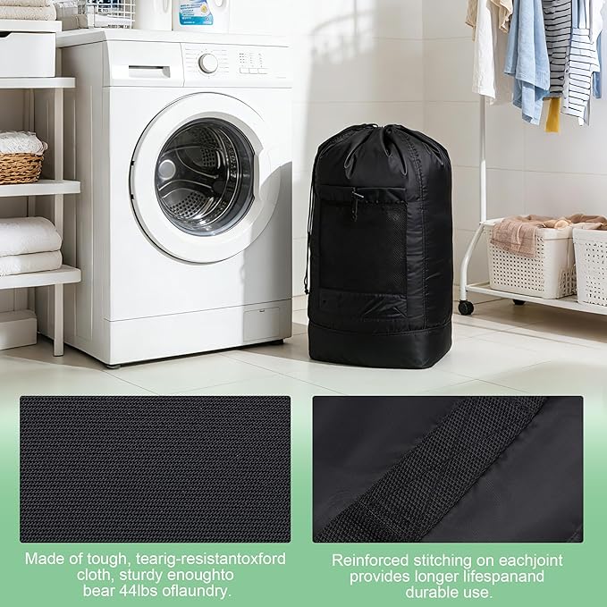 Backpack Laundry Bag, Large Travel Laundry Bags with Shoulder Straps and Mesh Pockets, Laundry Backpack with Drawstring Closure for College, Travel, Dorm, Apartment, Laundromat (Khaki)