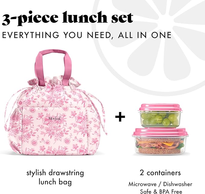 Fit & Fresh Cromwell Drawstring Lunch Bag for Women, Complete Lunch Set with 2 Containers, Stain-Resistant, Leak-Resistant, Back to School Essential, Teacher Lunchbox, Pink Floral Toile