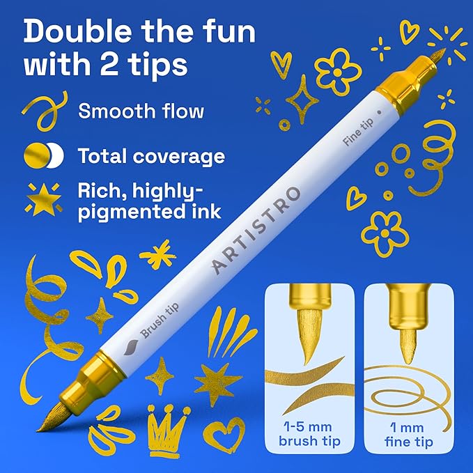 ARTISTRO 5 Gold Acrylic Paint Markers - Paint Pens for Drawing, Brush + Fine Tips - For Fabric, Rock, Glass, Wood, DIY - Art & Craft Supplies for Adults, Teens, Kids - Teacher Appreciation Gift