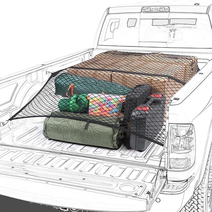 Truck Bed Net, Highly Elastic Cargo Net for Pickup Truck Bed, Stretchable Mesh Organizer for Pickup Trunk Bed, Suitable for Daily Light Loads of Trucks, 4'x4' Stretches to 7'x7'