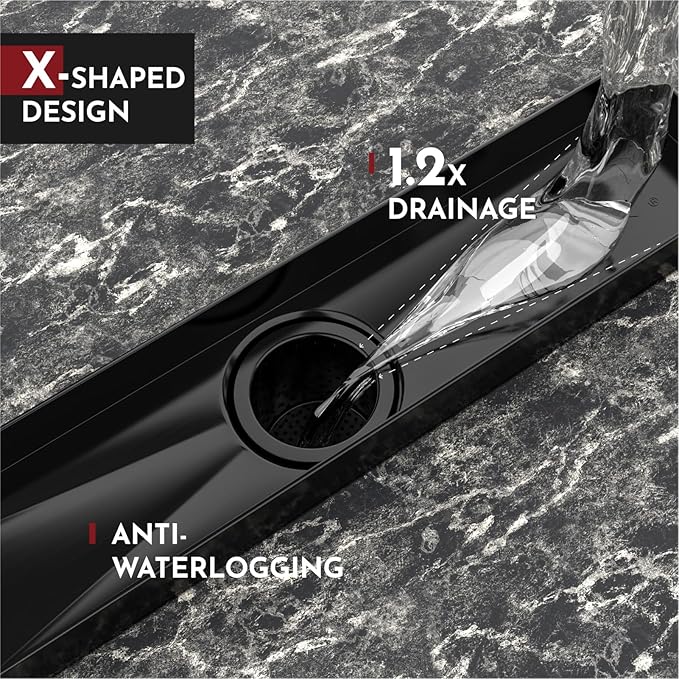 WEBANG 72 Inch Linear Shower Drain Rectangular Floor Drain with Accessories Square Hole Pattern Cover Grate Removable SUS304 Stainless Steel CUPC Certified Matte Black