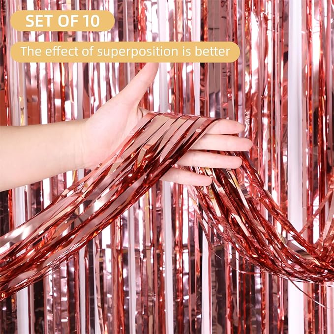 10 Pack Rose Gold Backdrop Curtain 3.2ft x 8.2ft Metallic Tinsel Foil Fringe Curtains Photo Booth Background for Birthday Party Decoration Baby Shower Engagement Wedding Christmas Decoration