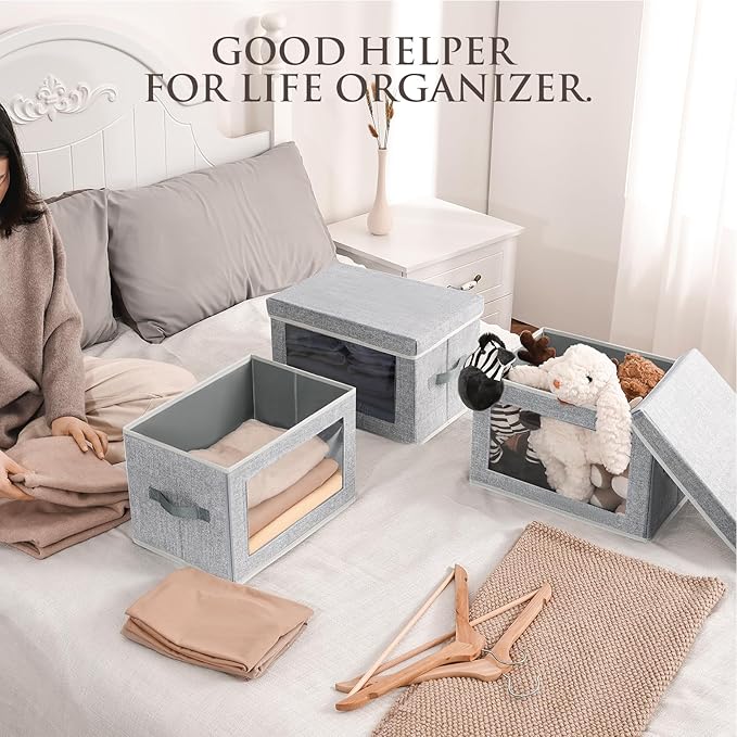 Fabric Storage Bins with Lids - 3 Packs Storage Cubes with Window, Foldable Storage Baskets Bins for shelves, Closet Storage Boxes for Towels, Clothes, Home, Office, Blended