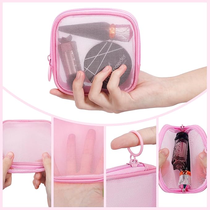 4 Pieces Mini Zipper Nylon Mesh Pouch, Mesh Cosmetic Bags Makeup Bags, Multipurpose Travel Toiletry Bags for Office Supplies and Travel Accessories (White, S)