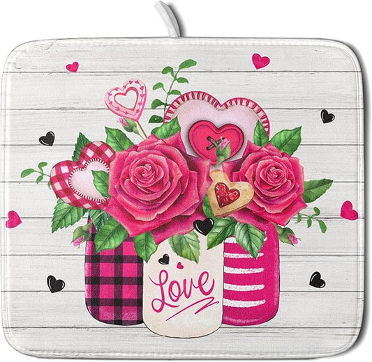 Valentine's Day Rose Flower Dish Drying Mat for Kitchen Counter,Mason Jar Pink Love Heart Drying Mat 16 x 18 Inch with High Absorbent Microfiber Drainer Mat for Coffee Bar