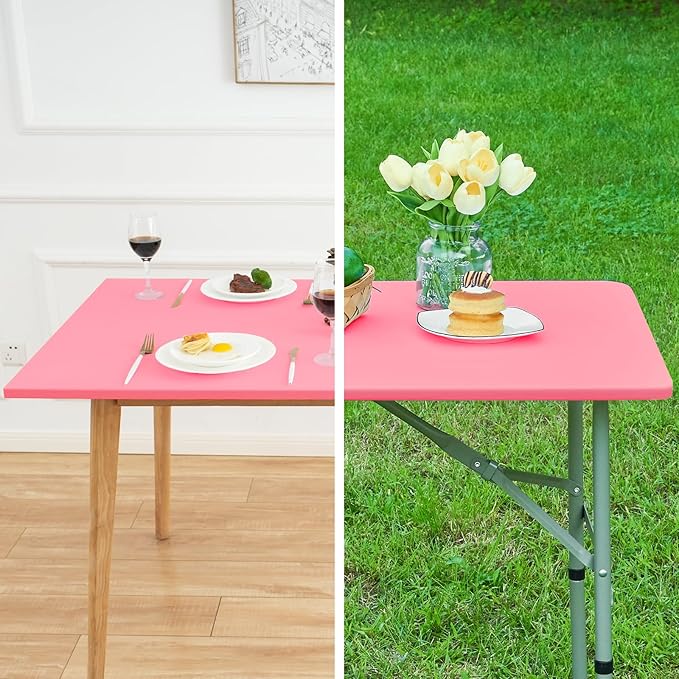 Fitted Rectangle Tablecloth 30 x 72 Inch Elastic Table Cloth for 6ft Table, Stretch Spandex Table Cover Pink Washable Polyester Table Top Cap Cover for Dining Picnic Camping Indoor and Outdoor