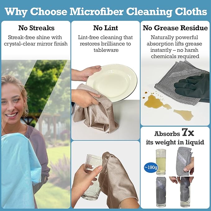 Lint-Free Streak-Free Glass Cleaning Cloth 3-Pack - Microfiber Towels Polish & Scrub with Only Water for Windows, Cars, Mirrors - Blue, Brown, Gray