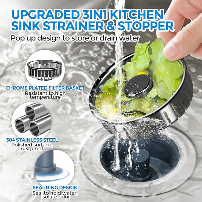zaa Upgraded 3in1 Kitchen Sink Drain Strainer & Sink Stopper, 304 Stainless Steel Sink Drain Basket & Sink Protector for Kitchen with Anti-Clog Filter, Fit US Standard 3-1/2'' Sink Drain Hole, Gray