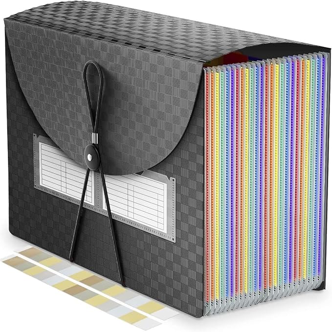 25 Pockets Accordion File Organizer Expanding File Folders,Expandable Document Organizer Plastic Accordian Filing Folder,A4/Letter Size Paper,Portable File Box,2 Tabs, Upgraded Grid Pattern