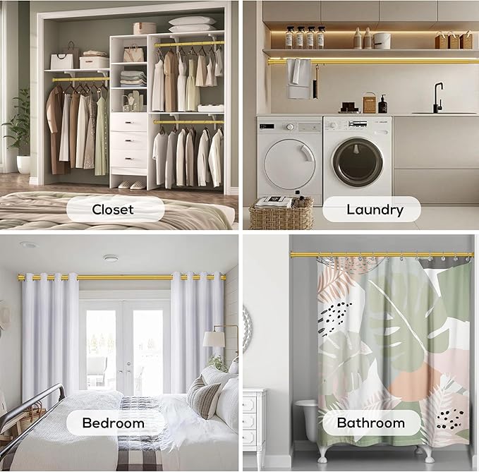 1.3 Inch Diameter Closet Rods for Hanging Clothes 17-87 Inch Adjustable, Metal Heavy Duty Closet Pole, Gold Closet Bar for Hanging Clothes, Suitable for Closet, Wardrobes, Bathroom, Windows