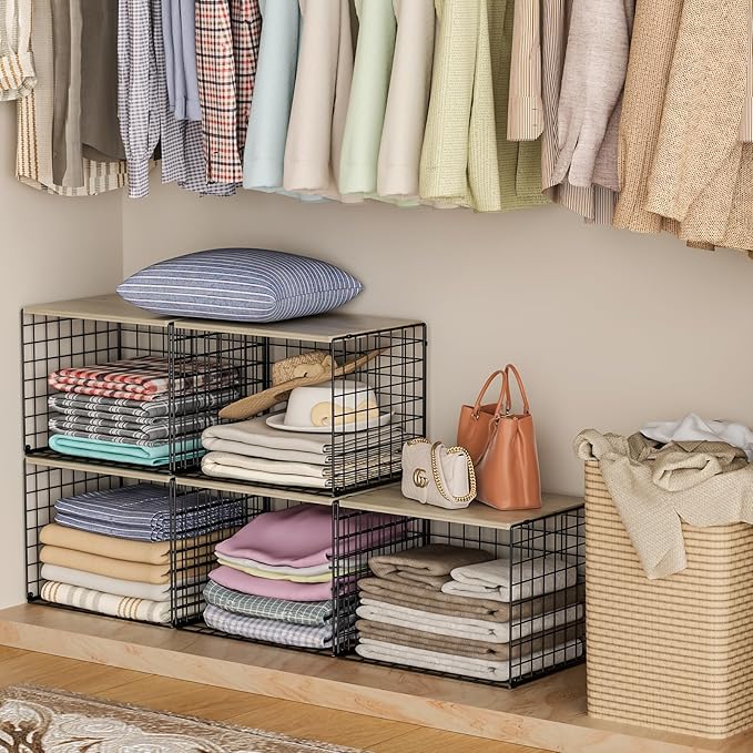 Extra-Long Closet Organizers and Storage with Top Board, 3 Pack Stackable Closet Shelf Organizer, Double Storage Design Clothes Storage Cube/Bin Organizer for Wardrobe, Space-Saving, Black, Sturdy, Metal