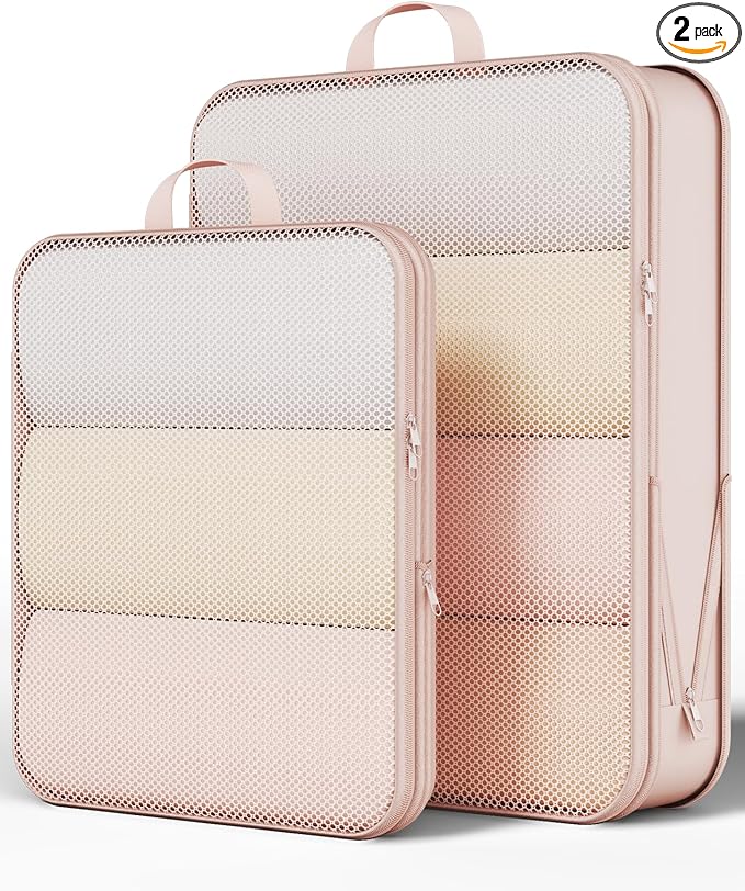 Veken 2/6/9/11 Set Compression Packing Cubes for Travel Essentials,Compressible Expandable Large Luggage Suitcase Organizer Bags for Clothing,Durable Space Saver Storage Bags(Beige)