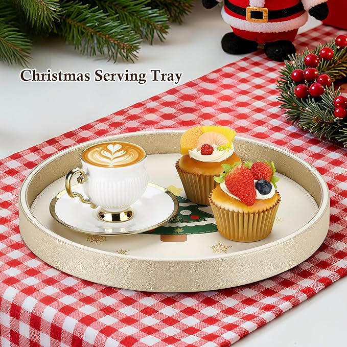 GORESE Christmas Decorative Tray for Coffee Table Decor, 12" Round Leather Christmas Tray for Home Decor, Dining Table Centerpiece, Xtmas Decorations Serving Trays, Gift for Women and Men(Tree)