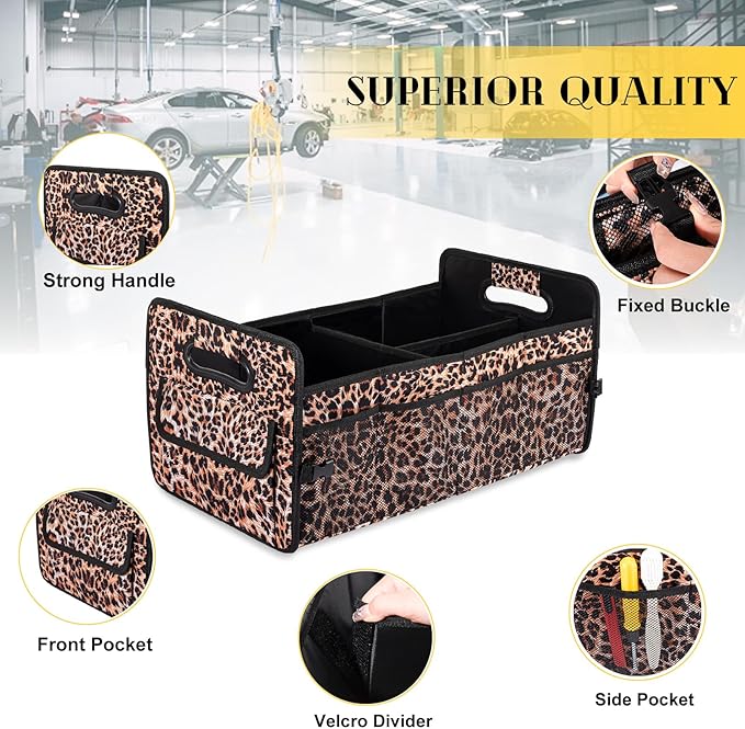 JiatuA Car Trunk Organizer, Car Organizers and Storage Collapsible Multi Compartment Container Box, Adjustable Car Accessories for SUV Sedan Truck, Standard Size, Leopard print
