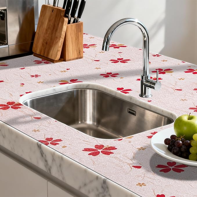 FIFTY FEET 18"x96" Non-Adhesive Shelf Liner for Kitchen Cabinets and Drawers, Washable Non-Slip PVC Cabinet Liner (Red Floral)(9 Roll)