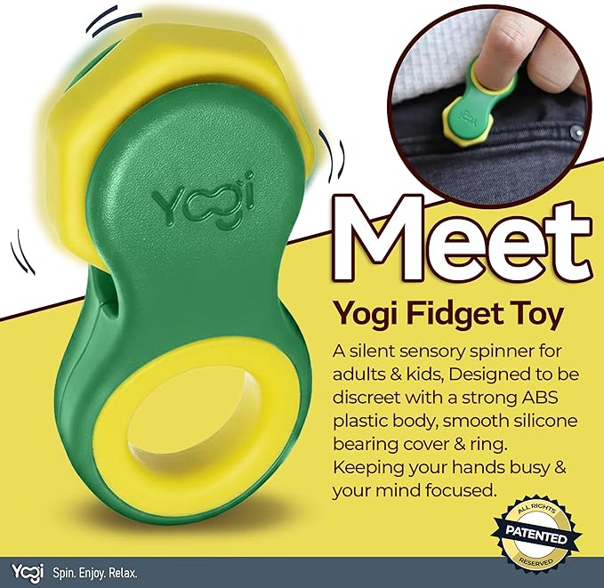 Yogi Fidget Toy – Silent Sensory Spinner for Adults & Kids – Stress Relief Fidgets for ADHD, Anxiety – Fidget Toys for Adults – Includes 5 Finger-Fit Rings – Work, School & Travel – Lime