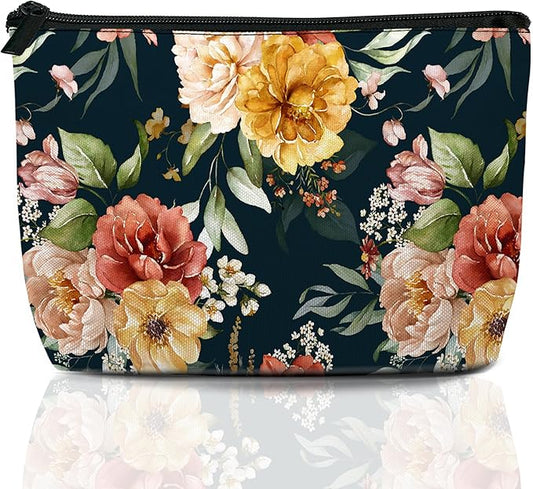 Vintage Pink Flowers Makeup Bag Travel Cosmetic Bag for Women,Green Leaves Small Make up Pouch Travel Bags for Toiletries Aesthetic Accessories Waterproof Gifts