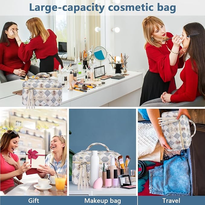 Gosect Large Makeup Bag, Cute Cosmetic Bag for Women Girls, Floral Coquette Aesthetic Toiletry Bag, Travel Make Up Organizer Bag (Check Bear)