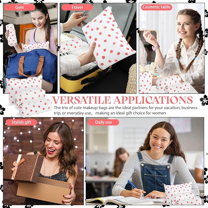 3 Pcs Makeup Bag Set for Women Corduroy Cosmetic Pouch Aesthetic Smile Travel Toiletry Bag Cute Purse Pouch Pencil Case Makeup Brushes Storage Organizer for Christmas (Beige,Strawberry)