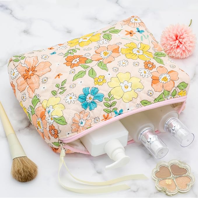 PAZIMIIK Quilted Makeup Bag Large Travel Zipper Soft Cosmetic Pouch for Women Girls Makeup, Floral Orange