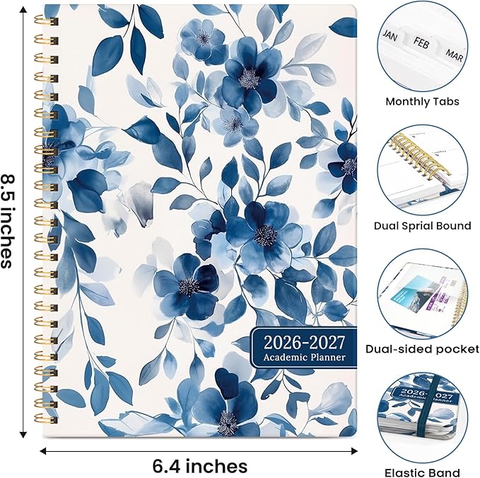 Academic Planner 2026-2027, Weekly and Monthly Calendar Book, July 2026 – June 2027, Hardcover Planner with Tabs, Perfect for Teachers, Students, Women & Men, A5 (6.4" x 8.5") - Watercolor Petal