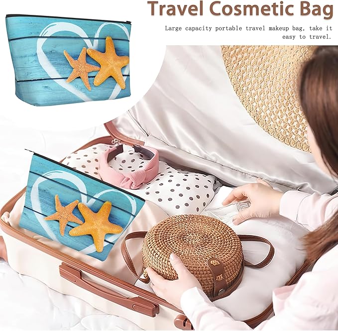 Beach Starfish Cosmetic Bag Coastal Blue Wooden Makeup Bags,Travel Make up Bags for Women Girls Cute Zipper Pouch Toiletry Organizer Bag Travel Essentials