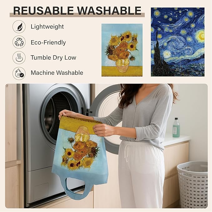 Reusable Grocery Bags, Oil Painting Art Tote Bags With Carry Pouch Waterproof Shopping Bags for Travel Daily Use