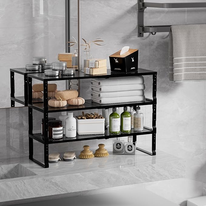 Zilvando Expandable Spice Rack & Kitchen Cabinet Organizer - Stackable, Adjustable Shelves for Cabinets, Countertops, Cupboards & Pantries(1 Pack/Medium/Black)